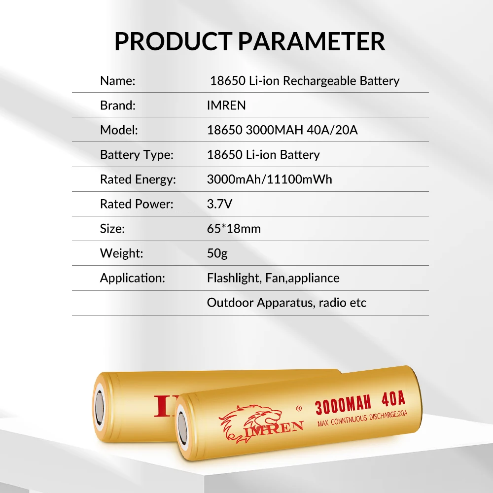 18650 3.7V 3000mAh Lithium Li-Ion Battery Cell with 40A High Rate Discharge IMREN