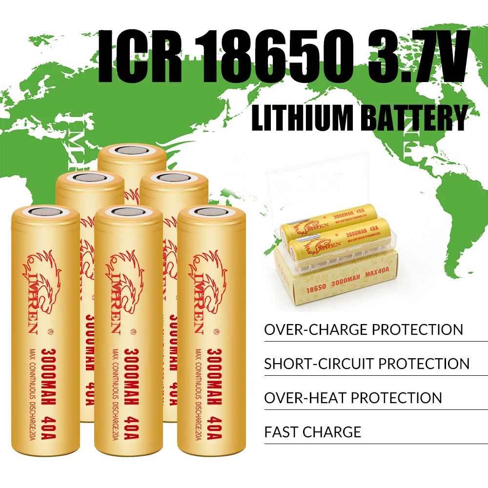 18650 3.7V 3000mAh Lithium Li-Ion Battery Cell with 40A High Rate Discharge IMREN
