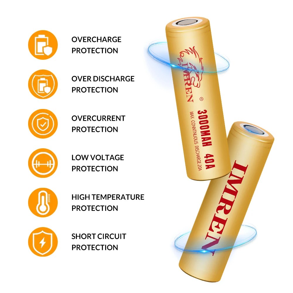 18650 3.7V 3000mAh Lithium Li-Ion Battery Cell with 40A High Rate Discharge IMREN