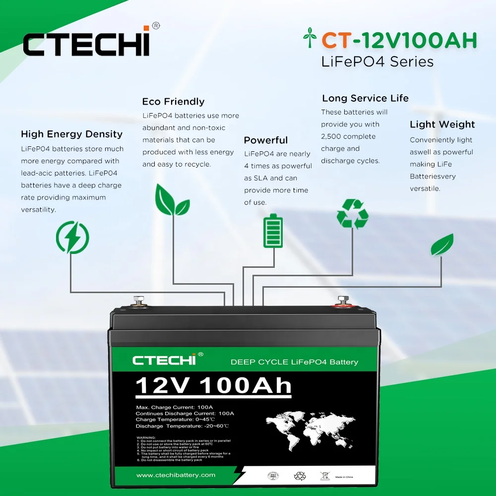 LiFePO4 Lithium ion Battery Pack with BMS Flexible Home Energy Storage 12V-48V, 100Ah-400Ah CTECHi