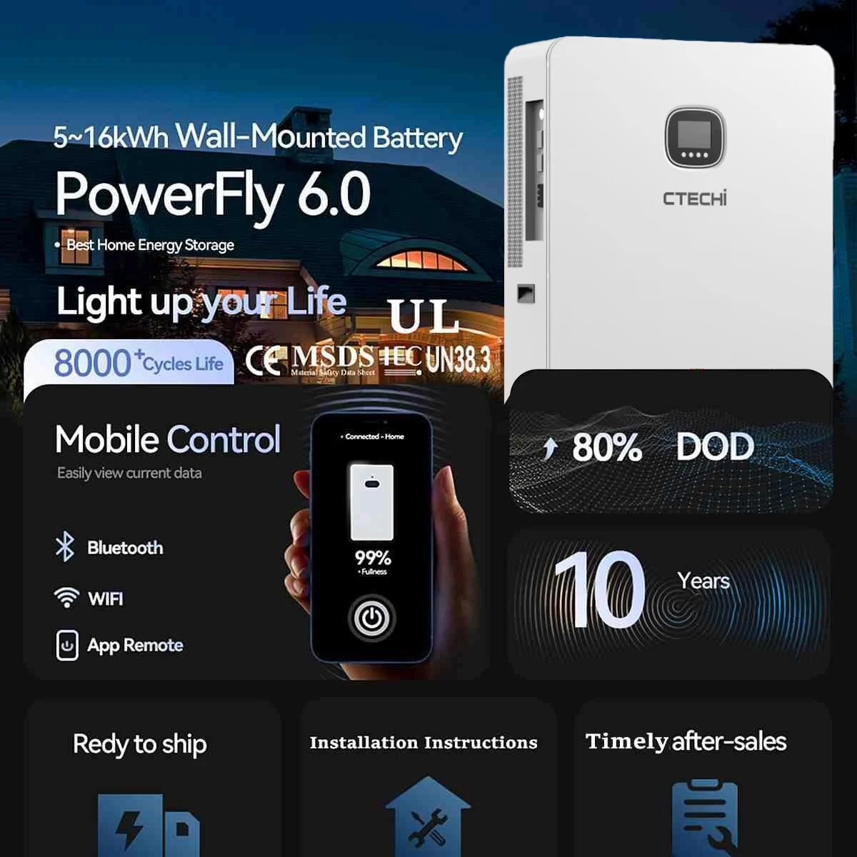 CTECHi 51.2v /304AH  All-in-one Energy Storage Battery IP54  for Home with BMS
