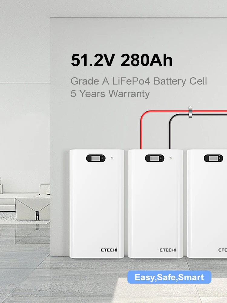 48V 51.2V 100Ah 280Ah  Wall Mounted LiFePo4 Lithium Ion Battery Power Wall  fo 5- 15KWhr Home Solar Energy Storage  CTECHi