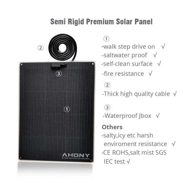 130W Walkable Semi-Rigid Solar Panel High Efficiency for RV Ocean Roof Campsite Off-Grid Battery AHONY