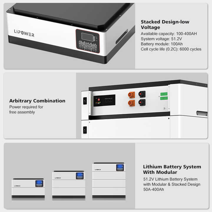 Lipower Home Energy Storage Systems 51.2v 48V 5KWh 10KWh 15KWh 20KWh Stackable LiFePO4 Battery Off-Grid Hybrid Grid Application
