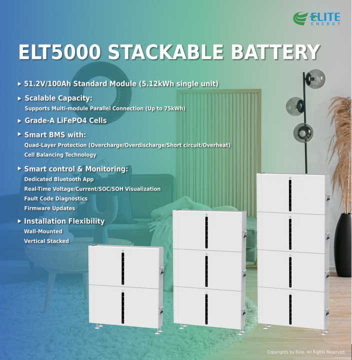 Stackable Storage System 5kWh Lithium Battery Power Wall 51.2V 48V 100Ah 200Ah 300Ah Solar LiFePO4 Battery for Household Energy Storage ELITE