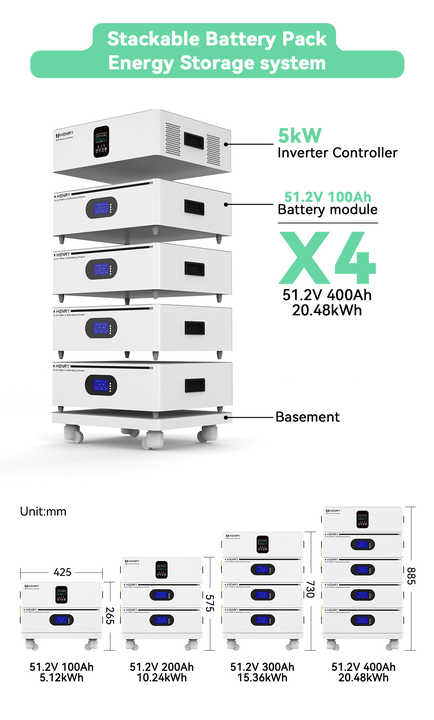 Stackable Home Energy Storage Battery System 51.2V 100Ah-400Ah LiFePO4 Off-Grid Hybrid Solar Power Backup for Residential Use HENRY