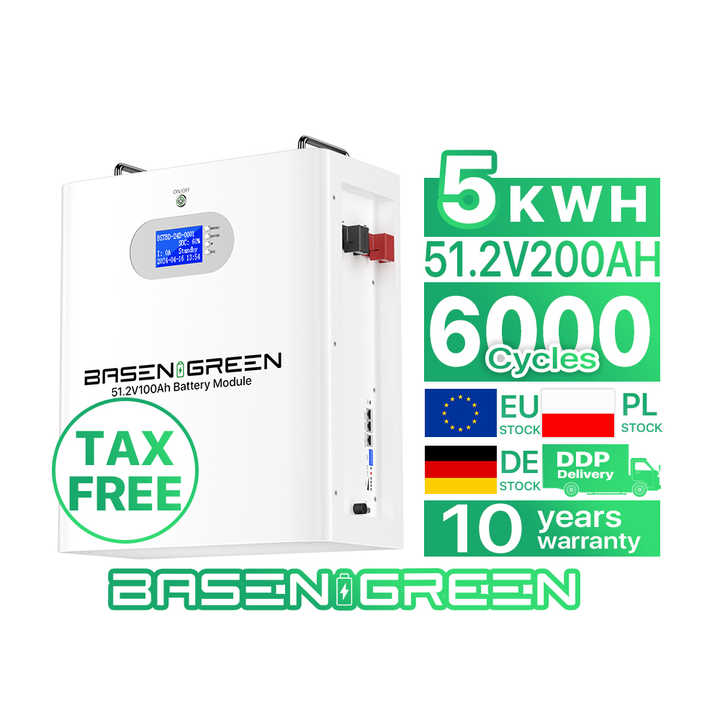 BASENGREEN 100Ah 51.2V LiFePO4 Battery Pack 5-10kW Wall-Mounted Solar Energy Storage System for Off-Grid Hybrid Applications