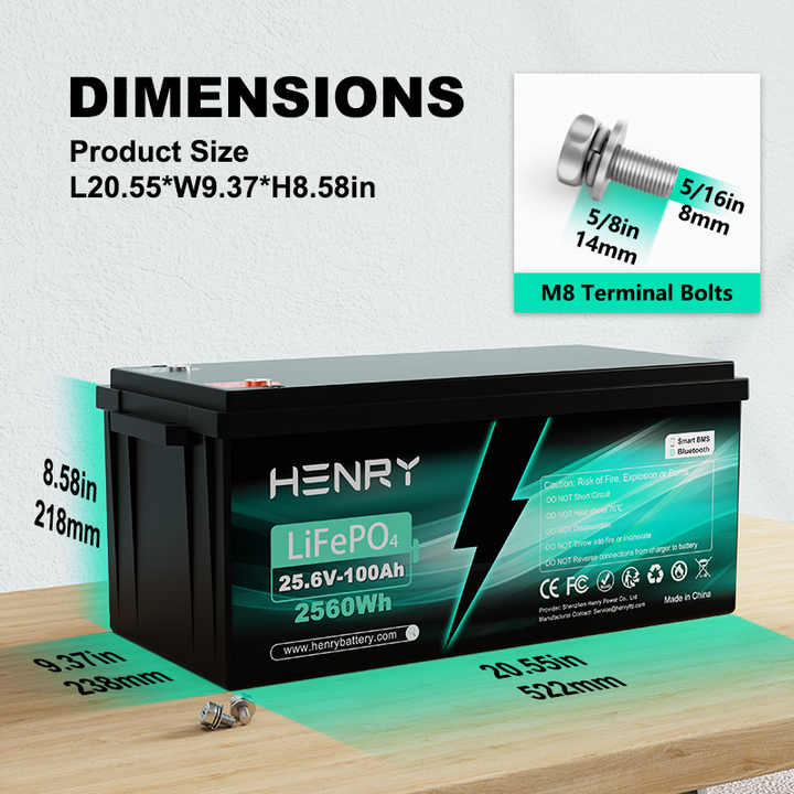 LiFePO4 Battery Pack 25.6V 100Ah High-Cycle Life Energy Storage System for Solar Power and Electric Vehicles HENRY