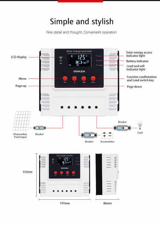 PWM Solar Controller 10A-60A 12V 24V 48V Auto Detection for Solar Lighting Systems with WiFi Display elege