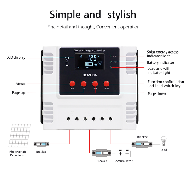 PWM Solar Controller 10A-60A 12V 24V 48V Auto Detection for Solar Lighting Systems with WiFi Display elege