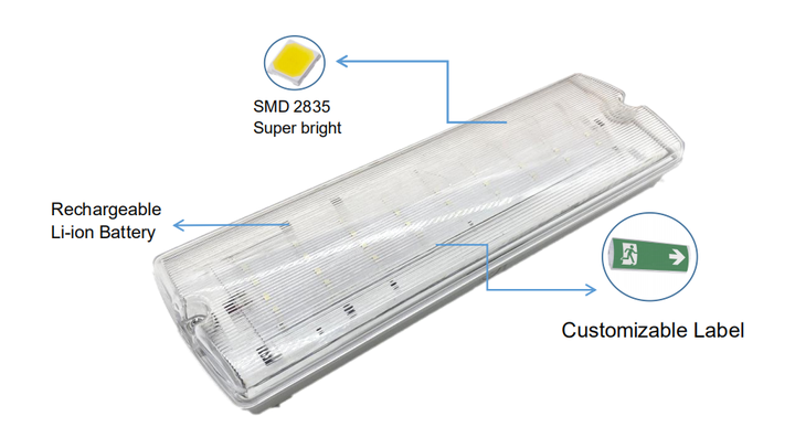 Li-ion 3.7V Battery Rechargeable IP65 ABS Shell Waterproof Emergency Lamp Bulkhead Emergency Light for Fire Safety and Exit Signage