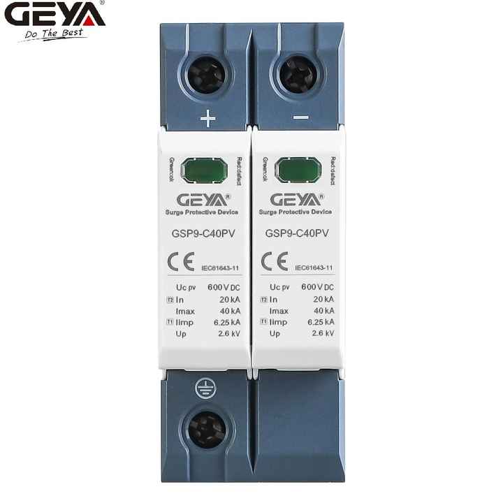 GEYA Lightning Arrester DC 1000V 20KA 40KA Discharge Current Surge Protector 1000vdc Low Voltage DC SPD 2P 20-40KA 12v Surge Protection for Solar PV Systems and Energy Storage Applications GEYA OEM