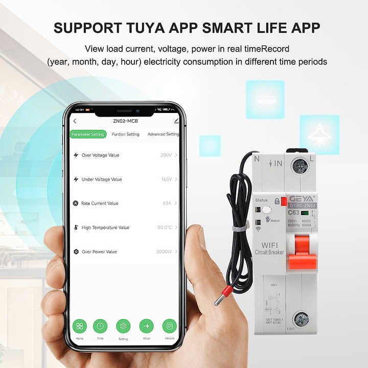 Smart WiFi MCB Circuit Breaker Switch 2P/20A Remote Control 20A 32A 63A 100A Tuya Compatible GEYA