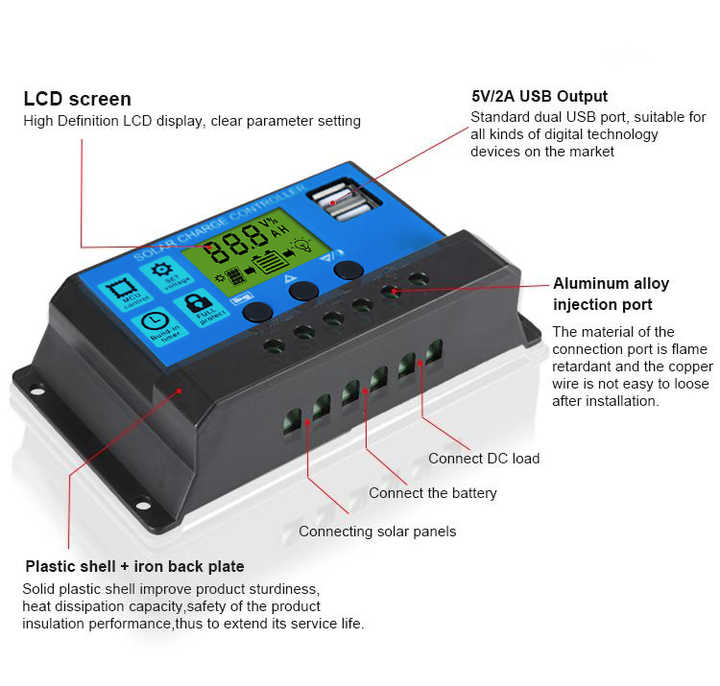 Solar Charge Controller 10A-60A PWM 12V/24V with LCD Display Overcharge Protection for Solar Energy Systems SYGSESOLAR