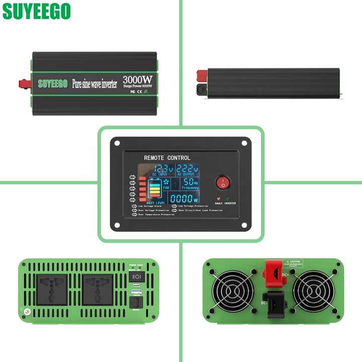 Pure Sine Wave Inverter 1KW 2KW 3KW DC 12V 24V AC 220V 120V Solar Car Display Screen SUYEEGO