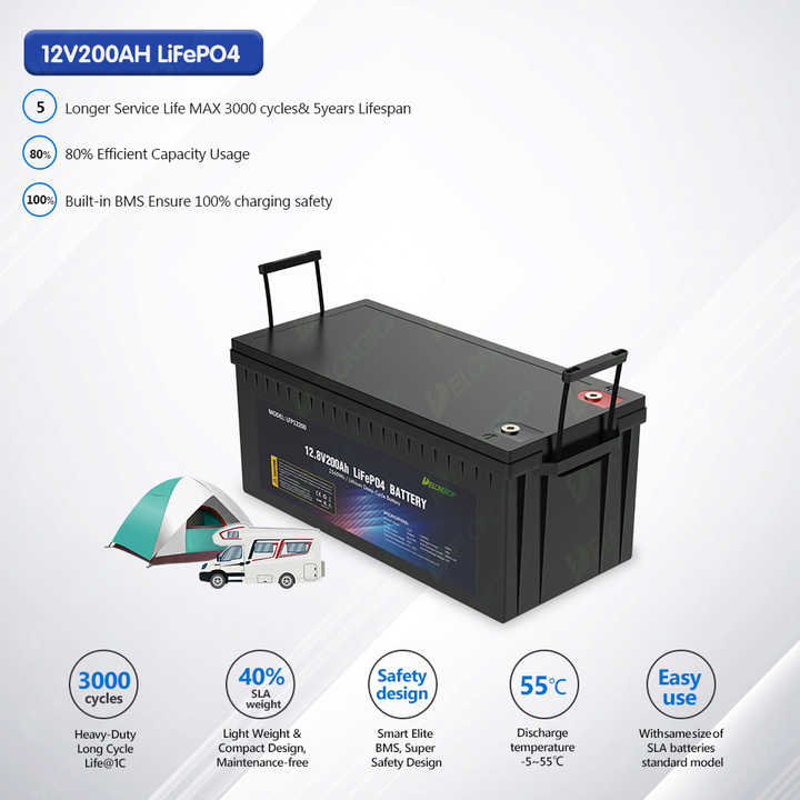 LiFePO4 Battery 12V 200AH Deep Cycle 12.8V Long Life 6500 Cycles Solar Storage Power System for RV Marine Home Energy Storage Delong