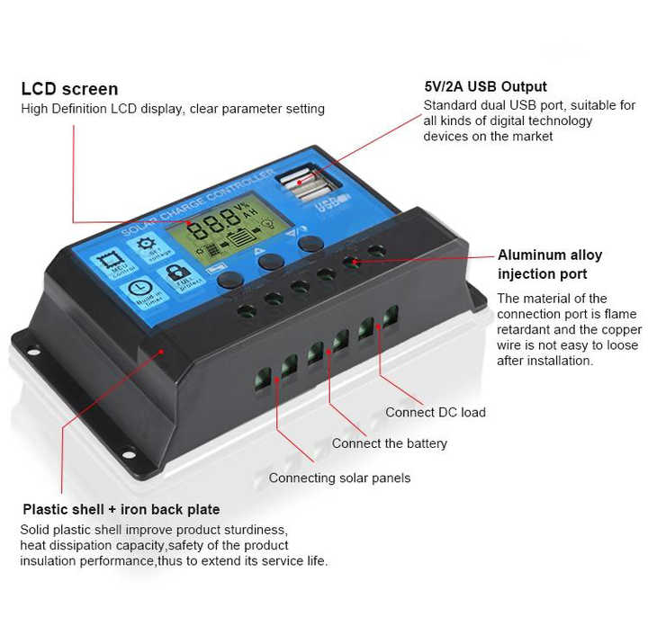 Solar Charge Controller 10A-60A 12V/24V 1500W LCD Display PWM Charge Regulator for Solar Power Systems SYGSESOLAR
