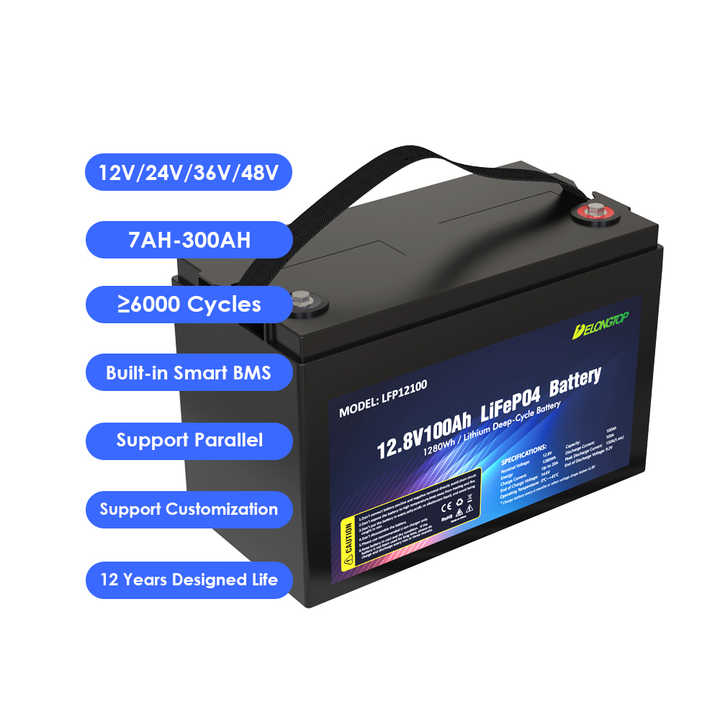 12V 100Ah LiFePO4 Battery 1280Wh Deep Cycle Rechargeable Energy Storage Battery for RV Solar Systems Marine Delong