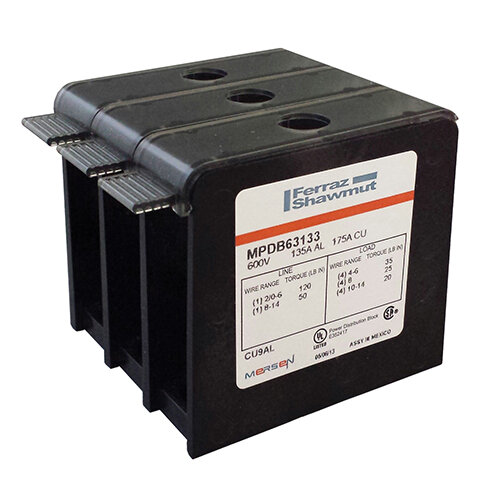Power Distribution Block Open-Style 1000V 135A Aluminum 3-Pole 1-4 Openings Box to Box for Solar Energy Storage Systems Mersen