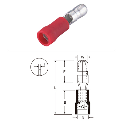 Vinyl Insulated Double Crimp Bullet Male Disconnectors Brass Terminal Copper Plated Tin Coated for Battery Energy Storage Systems