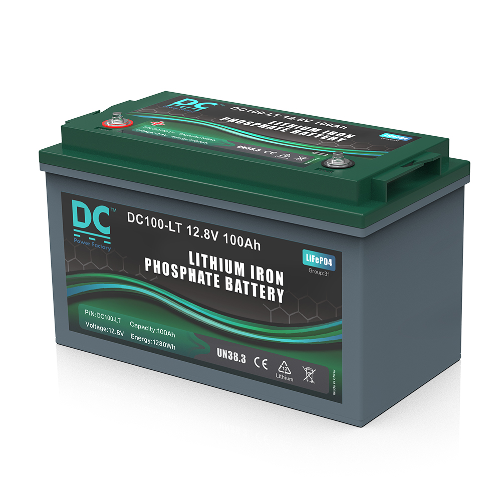 12.8V 100Ah DC100-LT LiFePO4 Battery 1280Wh IP65 Rated Energy Storage Power Supply for Solar RV Marine Applications