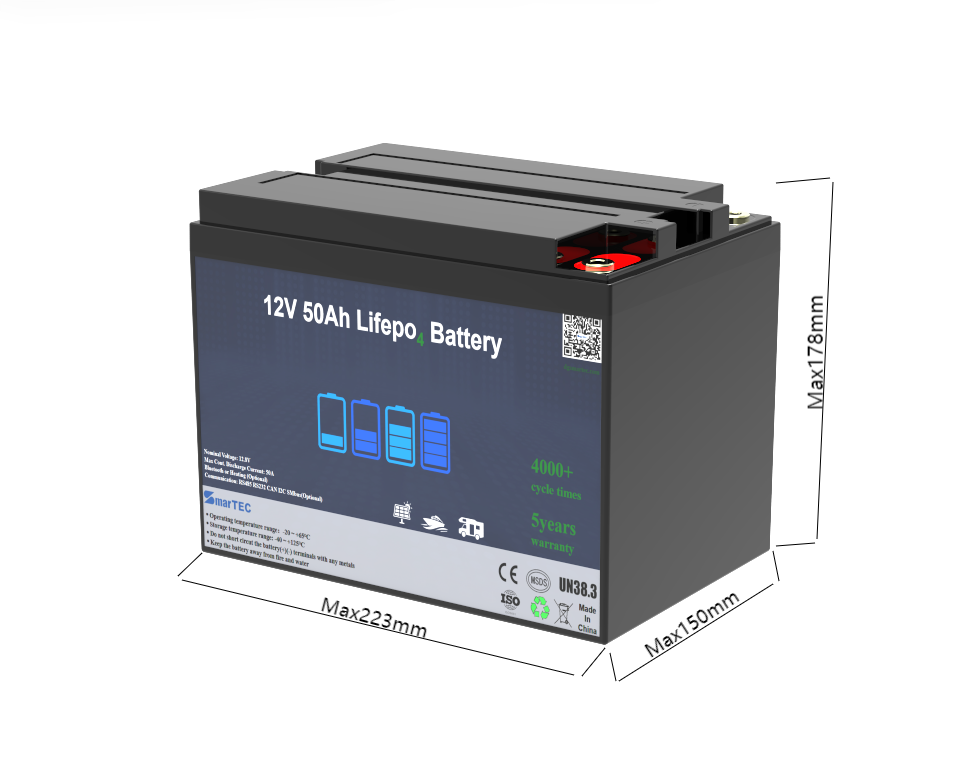 12V 50AH LiFePO4 Golf Cart Battery Deep Cycle Renewable Energy Storage SmarTEC