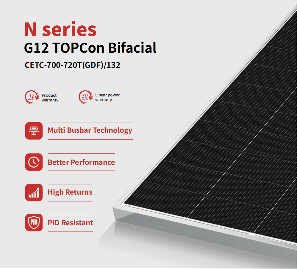G12 TOPCon Bifacial CETC-700-720T(GDF)/132 700-720W High Efficiency 23.2% Solar Panel for Utility-Scale PV Plants