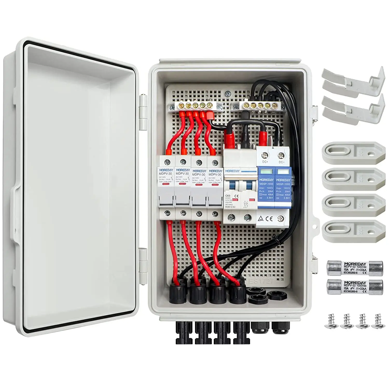 600V/1000V DC Combiner Box 4 In 1 Out IP65 Rated 63A Surge Protected for Solar PV Systems MDJB