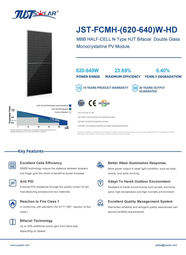HJT Bifacial Mono Module 620-640W High Efficiency Solar Panel for Commercial and Utility-Scale Projects JUSTSOLAR