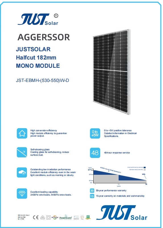 JST-G12-M-55-MH-(540-560)W High-Efficiency Mono Solar Panel 210mm 110 Cells 540-560W for Residential and Commercial PV Systems Jusolar