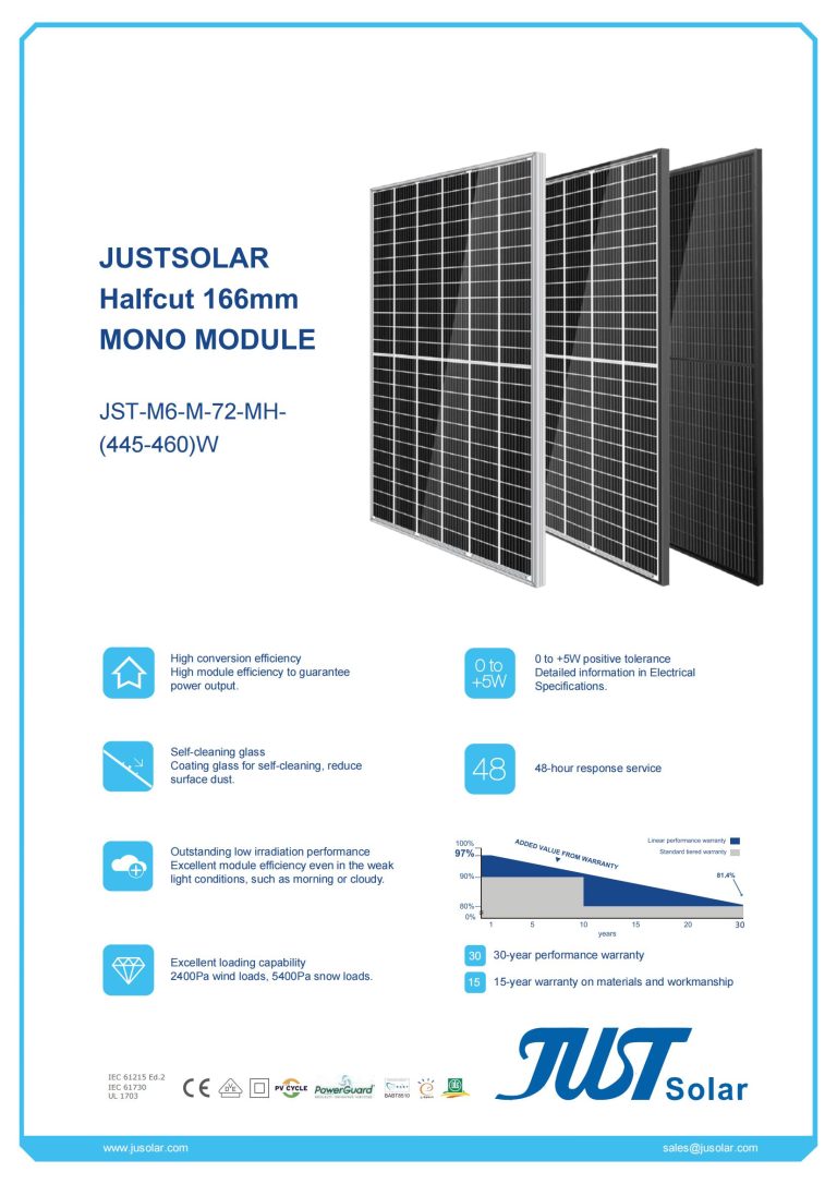 JST-M6-M-72-MH- (445-460)W Monocrystalline Solar Panel 20.8% Efficiency High Power Output for Residential and Commercial Installations Jusolar