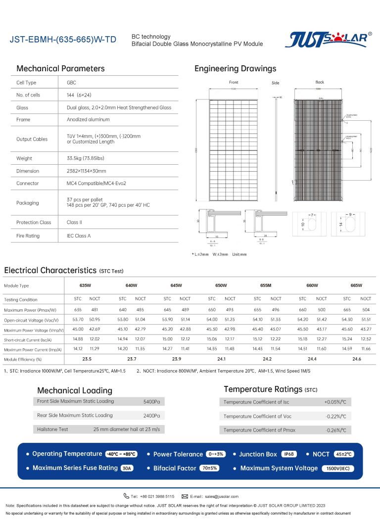 Solar Panel 635-665W BC Technology High Efficiency for Residential and Commercial Installations JUSTSOLAR
