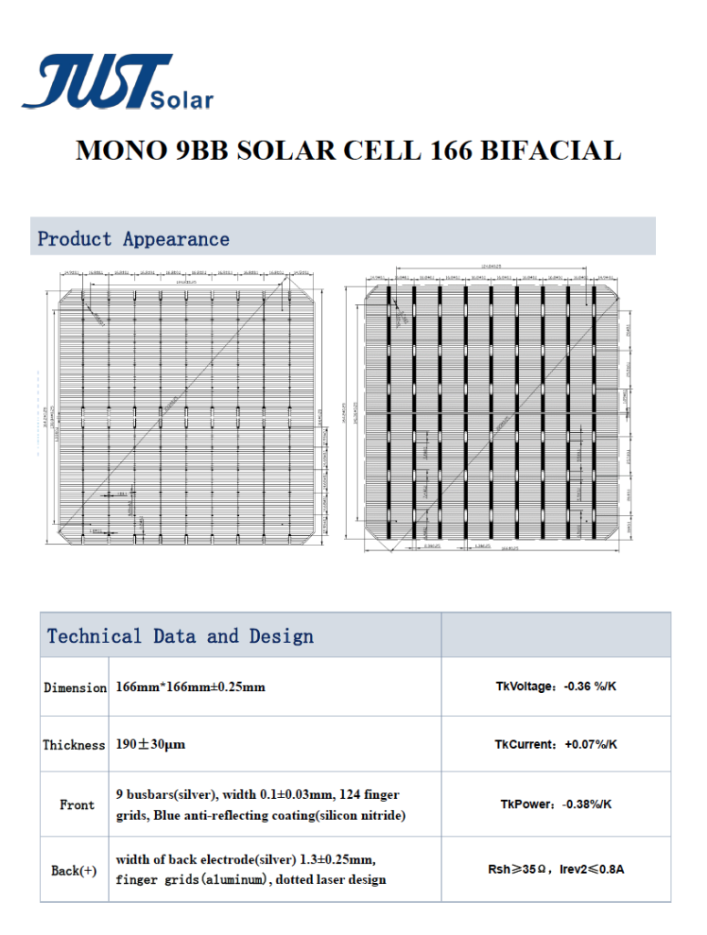 JST-Mono 9BB Solar Cell 166 Bifacial High-Efficiency Monocrystalline PV Cell for Residential and Commercial Solar Power Systems Jusolar