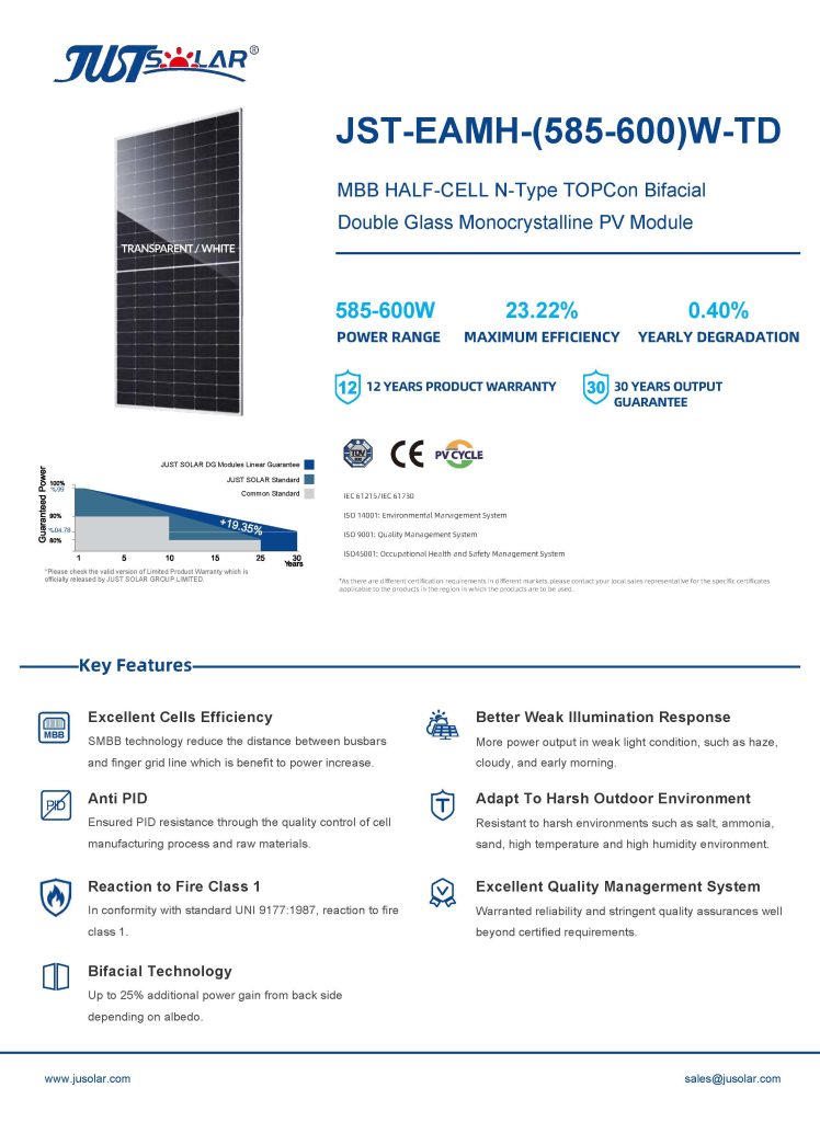 Solar Panel 585-600W Topcon Bifacial Mono High Efficiency for Residential and Commercial PV Systems JUSTSOLAR