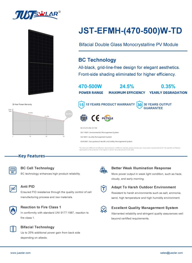 Solar Panel 470-500W BC Technology All-black High Efficiency for Residential and Commercial Use JUSTSOLAR