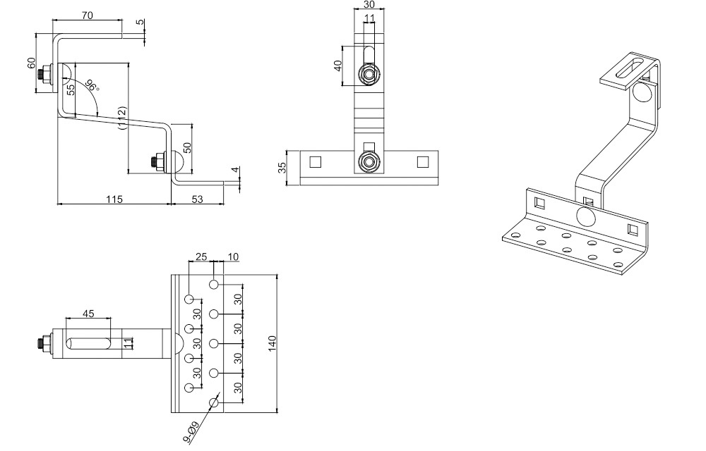Stainless Steel 304 Adjustable Double Flat Tile Hook for Solar PV Mounting on Tile Roofs