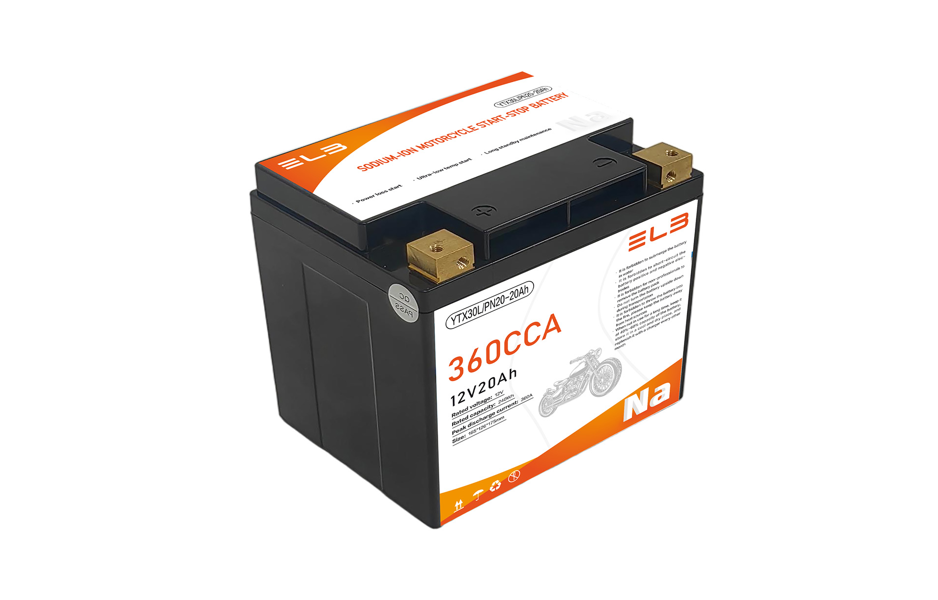 Sodium-ion Motorcycle Battery 12V 20Ah 360A Starting Current -40°C to 70°C Wide Temp YTX30L/PN20-20Ah