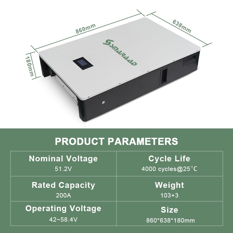Lithium Battery 51.2V 200Ah 10KWH Household Energy Storage System for Home Power Backup Smaraad