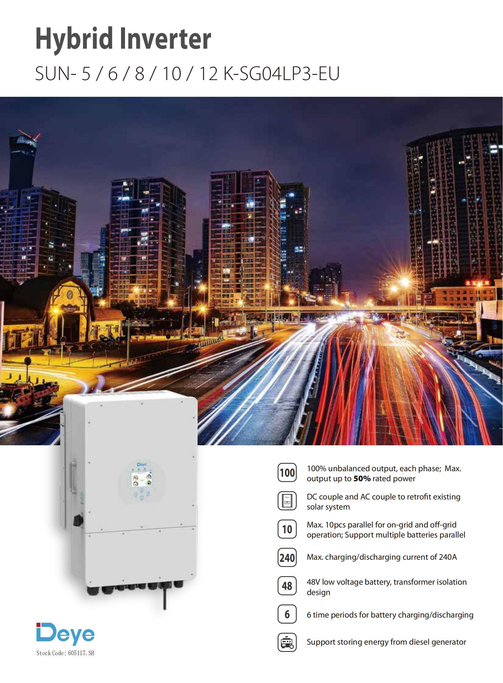 Deye 6kw 8kw 10kw 12kw Three Phase Hybrid Inverter 48V Low Voltage High Efficiency On-Grid Off-Grid Solar System