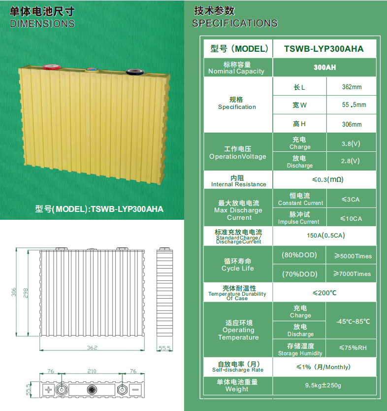 Winston ThunderSky Battery 300Ah LiFePO4 High Power Long Cycle Life for EV Solar Energy Storage