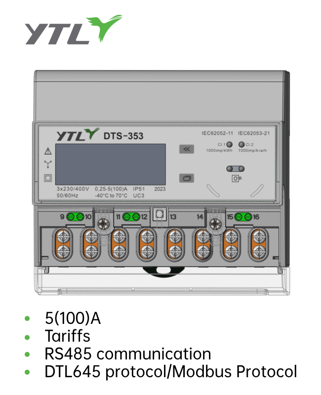 Three-Phase Four-Wire Smart Electricity Meter with RS485 High-Accuracy 1.0 Class Bidirectional Communication for Solar PV and Energy Storage Systems YTL-E