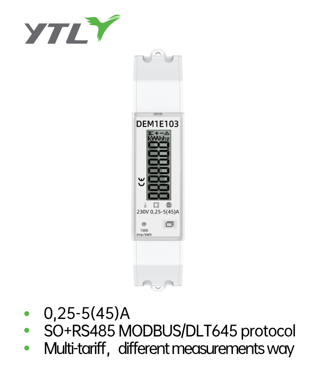 YTL DEM1E DIN Rail Single Phase 1W Smart Meter with Pulse Output 1000imp/kWh for Household and EV Charging China