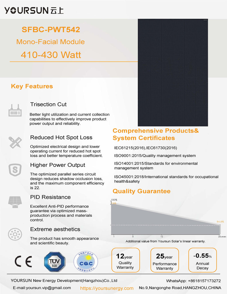 Solar Panel 430W Mono PERC 168-Cell 22% Efficiency Full Black for Residential and Commercial Rooftop Installations