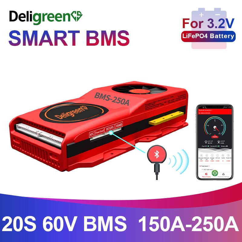 Smart BMS 20S 150A 200A 250A for LiFePO4 Battery with Bluetooth Monitoring and Fan Cooling Deligreen Power