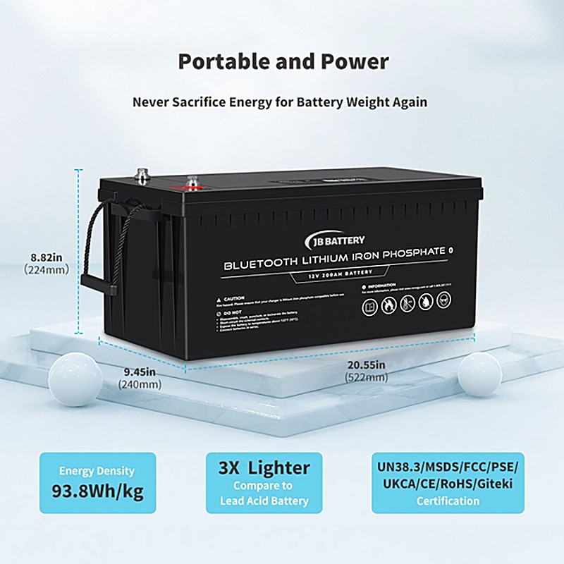 12V 200Ah Lithium Iron Phosphate Battery Long Cycle Life 2000+ Cycles 200A Discharge for RV EV ATV AUV Wheelchair JB BATTERY