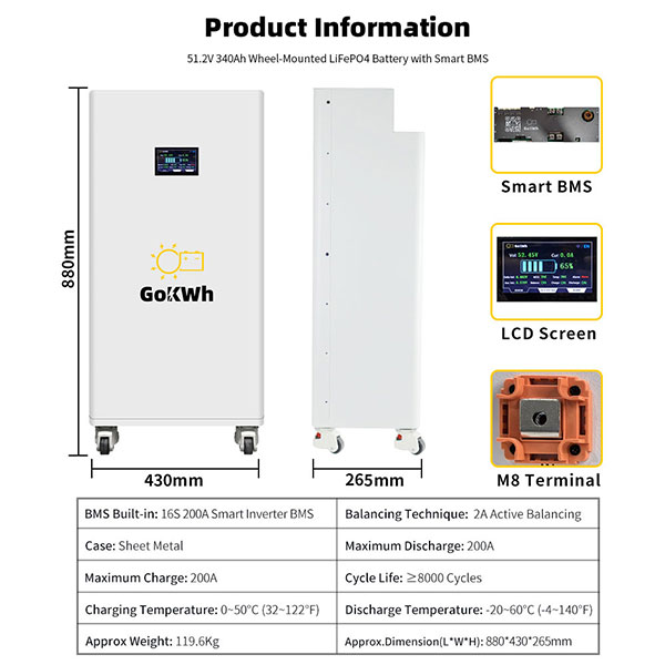 GoKWh 51.2V 340Ah 17kWh LiFePO4 Battery Storage with Bluetooth, LCD & Wheels for Home and Commercial Energy Storage