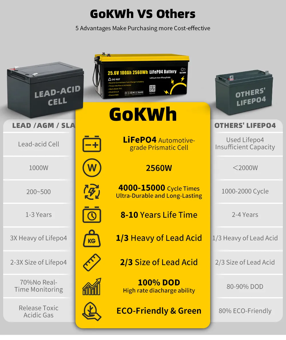 GoKWh 24V 100Ah LiFePO4 Battery with LCD Monitor Long Cycle Life 4000+ Marine Solar RV Off-Grid