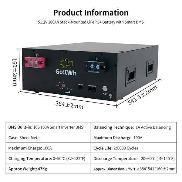 GoKWh 51.2V 100Ah 5kWh LiFePO4 Bluetooth Stack-mounted Home Battery Storage Active Balancing BMS IP67 Protection for Residential and Commercial Energy Storage