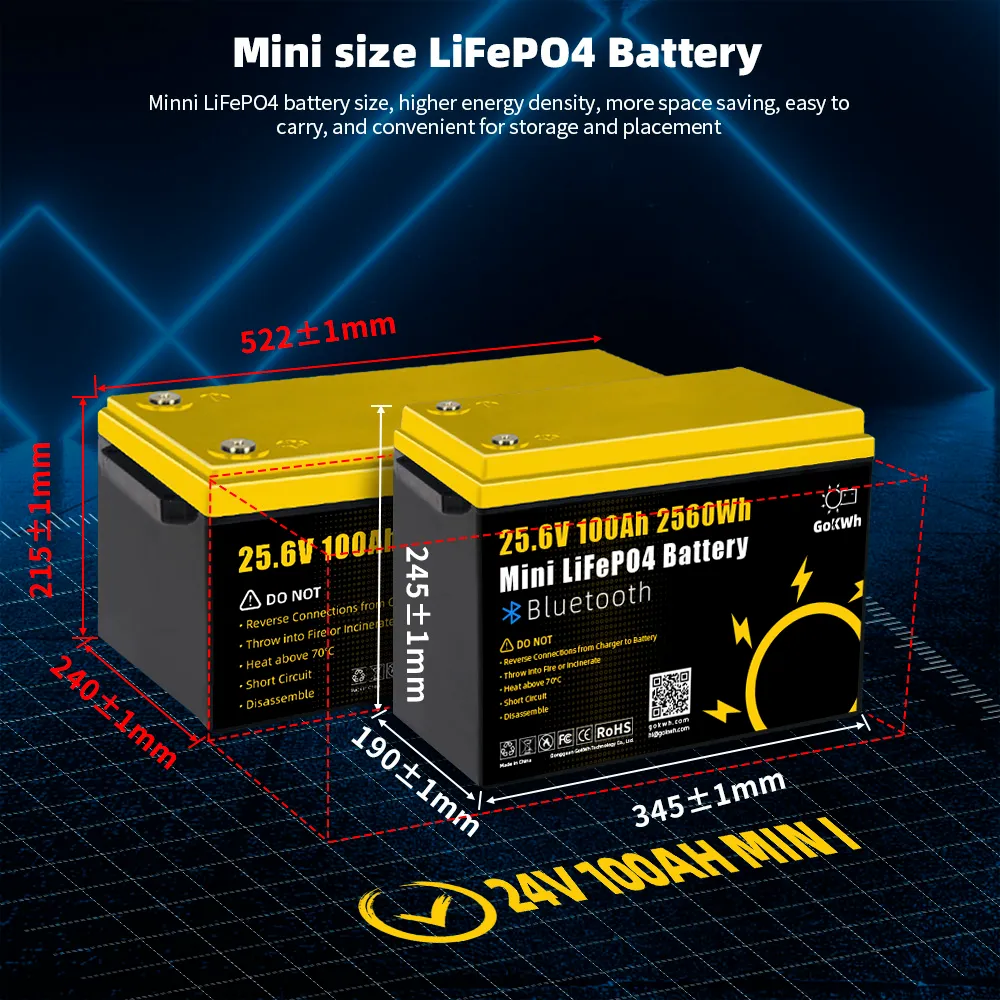 LiFePO4 Battery 24V 100Ah Mini Bluetooth 4000 Cycles Outdoor Home Energy Storage RV GoKWh
