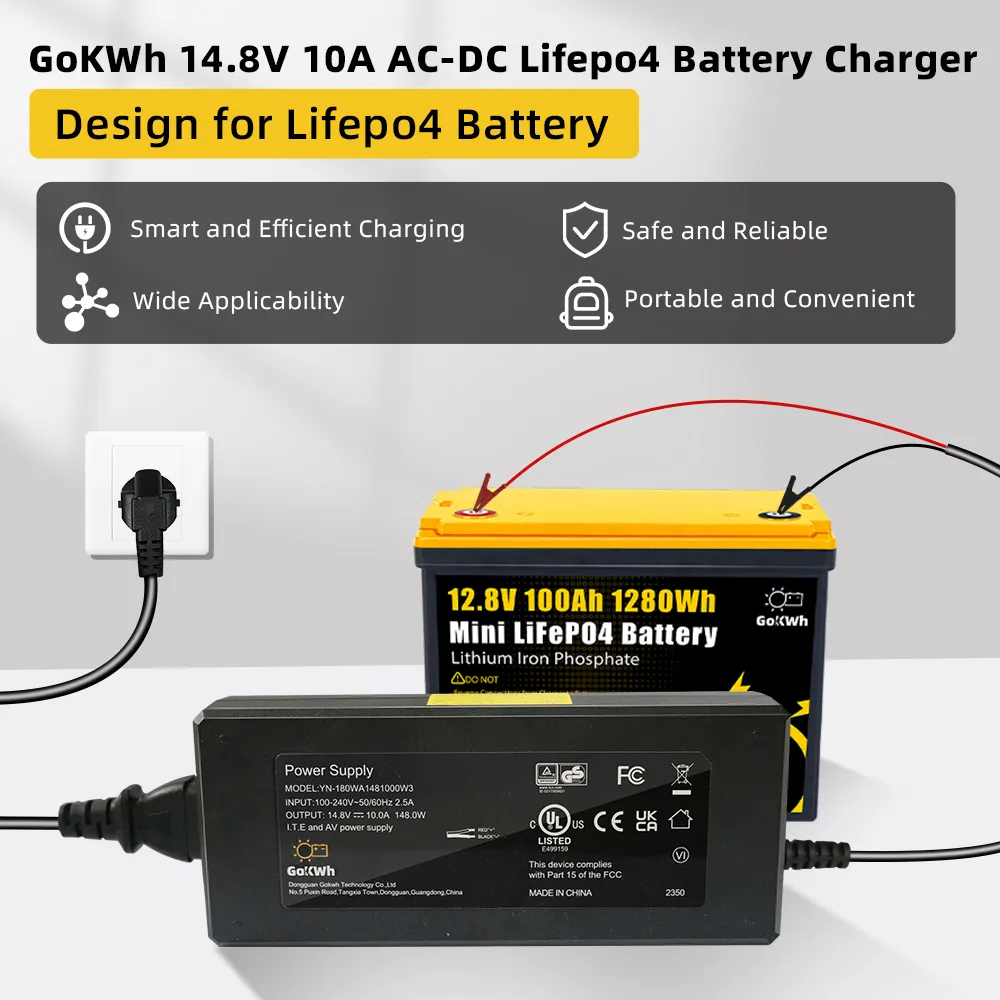 GoKWh 12V (14.8V) 10A AC To DC LiFePO4 Battery Charger High-Efficiency Fast Charging for Solar Energy and Off-Grid Systems